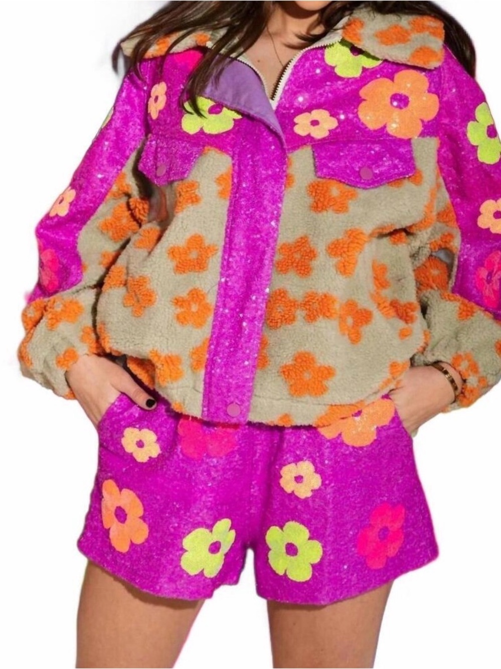 QUEEN OF SPARKLES Floral Sequin Shorts in Pink, Orange, Lime